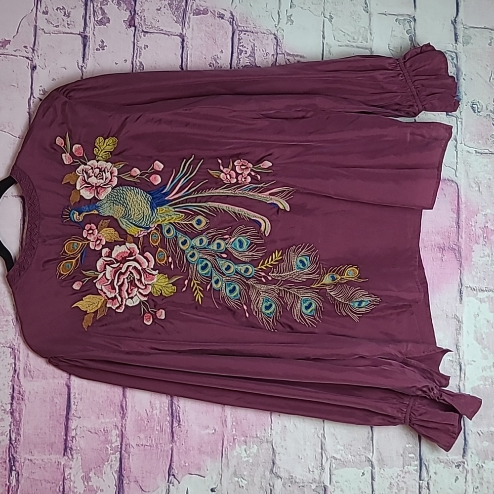 JOHNNY WAS WORKSHOP 100% SILK PEACOCK FLORAL EMBROIDERED TUNIC POPOVER BLOUSE XL - Picture 2 of 15